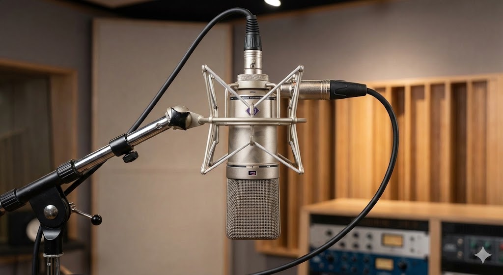 スタジオで使われるコンデンサマイクの写真