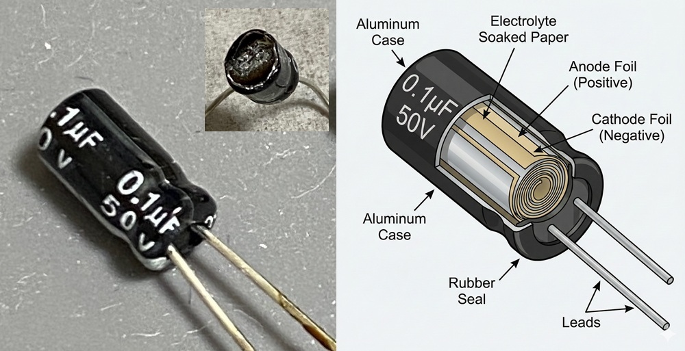 電解コンデンサの写真と分解イラスト