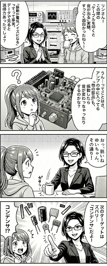 振動がマイクロフォニック音のノイズになる事を説明するマンガ