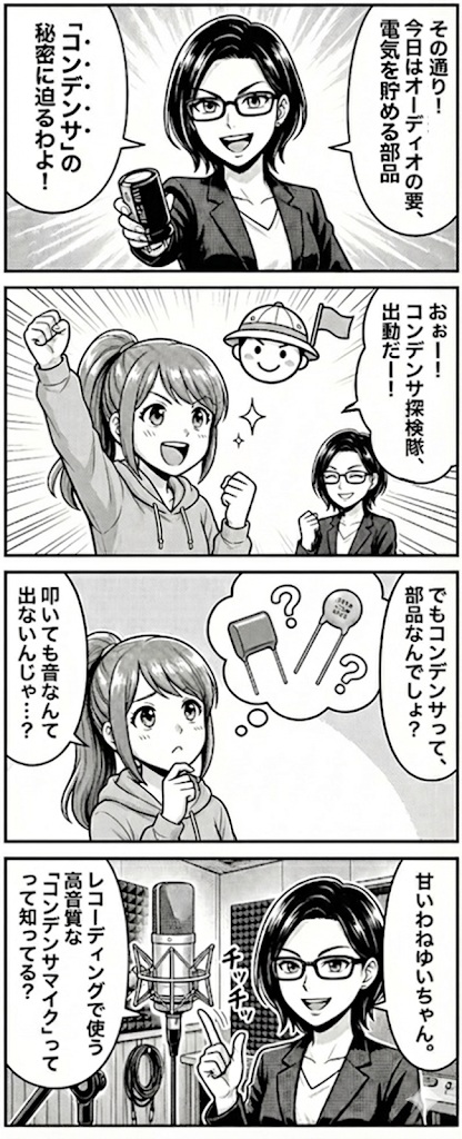 コンデンサはコンデンサマイクと同じ原理。たたくと鳴る