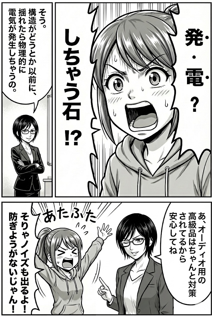 セラミックコンデンサは発電しちゃう石という説明をするマンガ