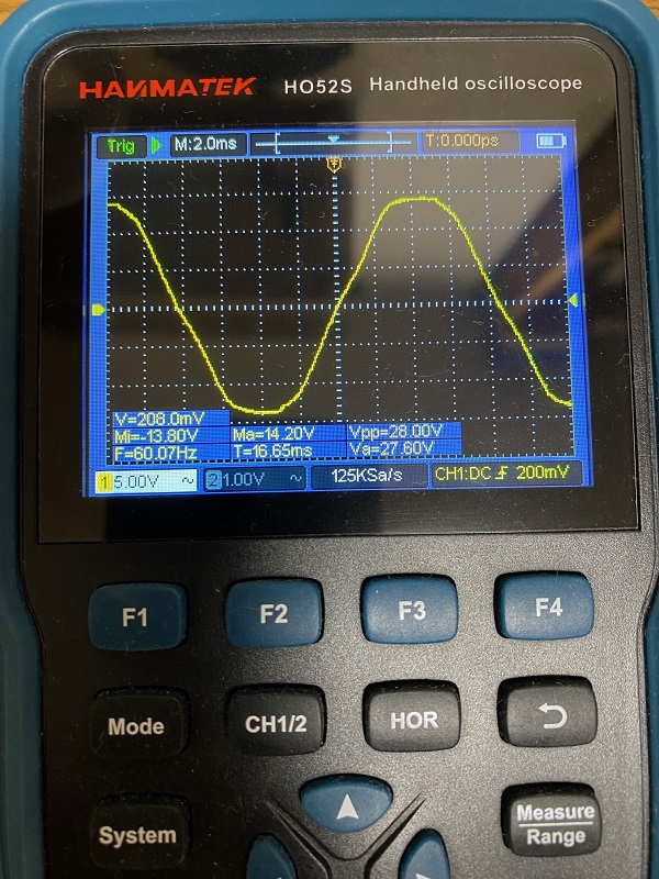 AC電源の歪んだ電圧波形。最も高いピークの所で頭が平らになる現象はフラットトップと呼ばれている